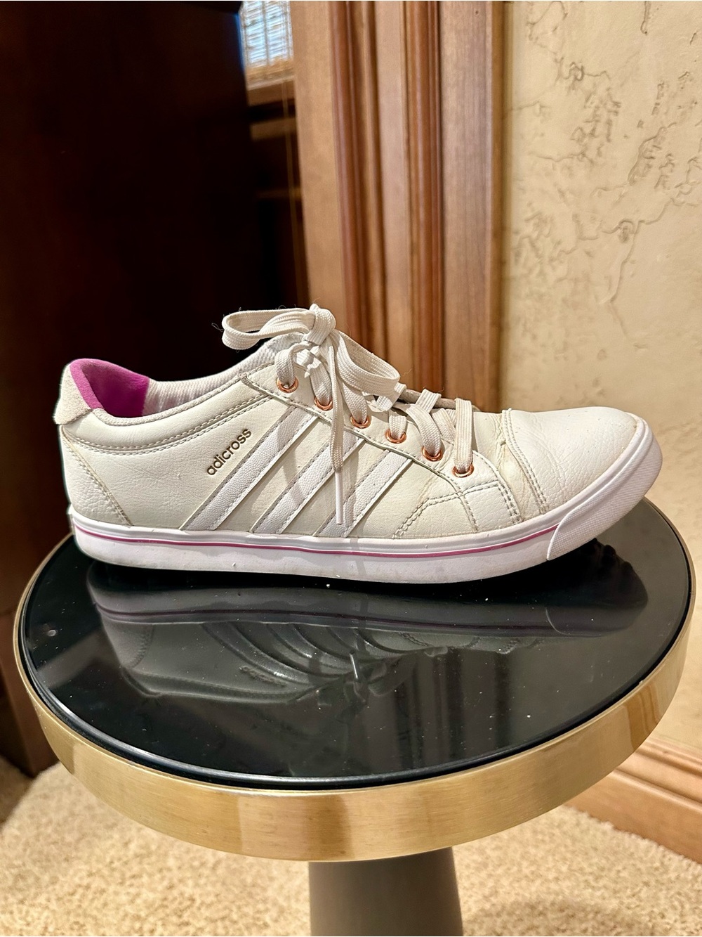 Women's Adidas White Lace-Up Golf Shoe with Dark Pink Accent